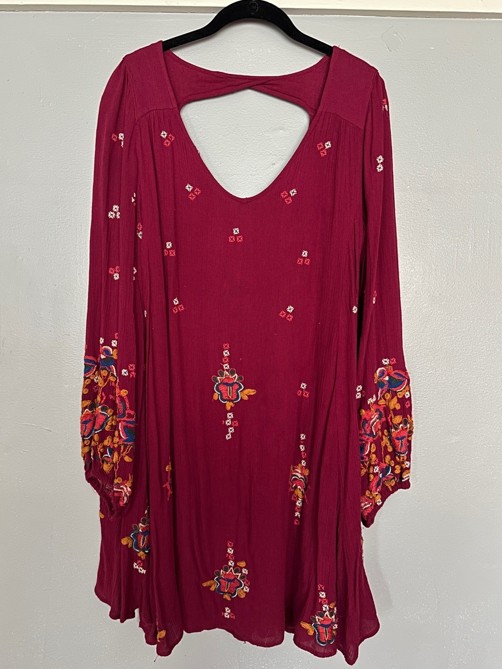 Free People Wine Red Embroidered Long-Sleeve Dress